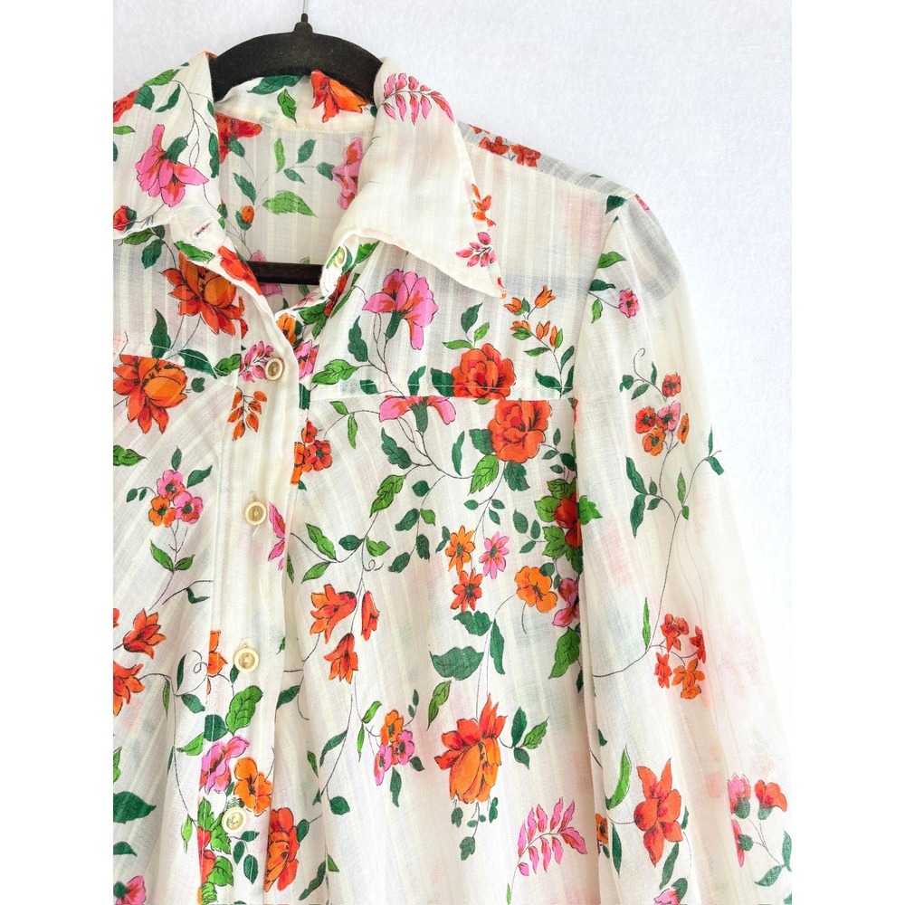 Vintage 70s Floral Striped Sheer Prairie Boho Mini Shirt Dress White Orange Pink - Picture 2 of 6